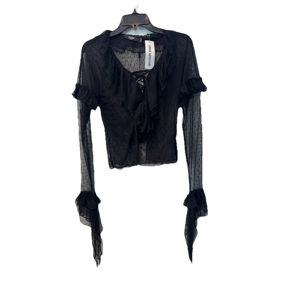 Jaded London Sheer Mesh Tie Grunge Dark Coquette Fairy Whimsigoth Ruffle Top - Picture 4 of 13